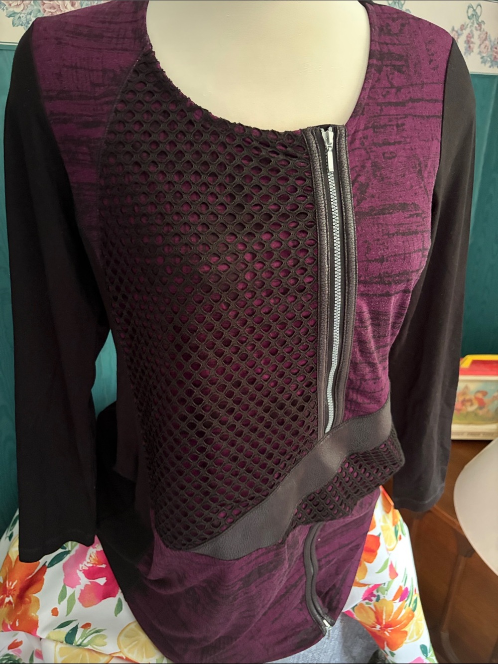 cleo Purple & Black Mixed-Media Zip-Front Top